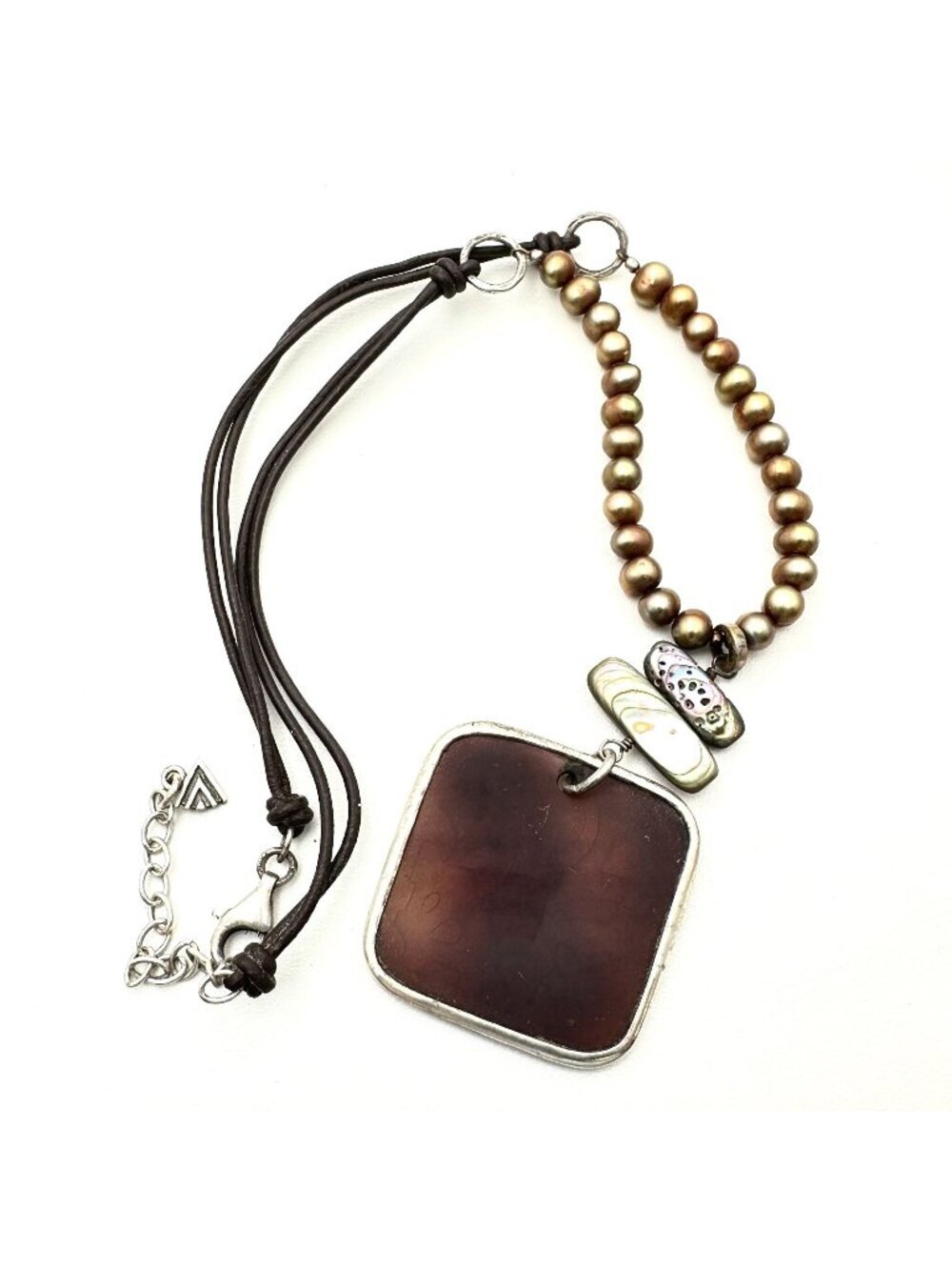 Silpada Shell Necklace N1803 Sterling SIlver Pearl Brown Leather